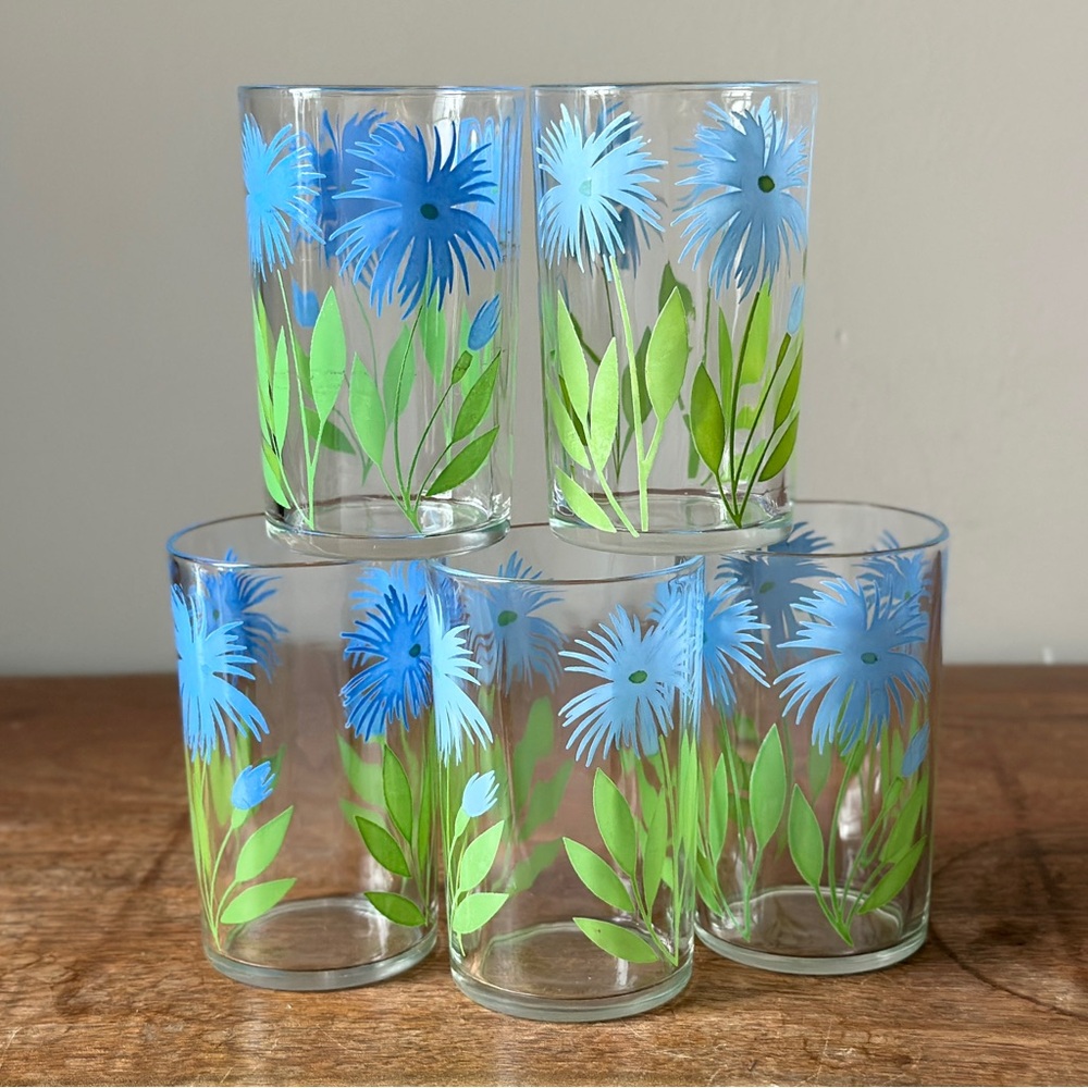 Vintage Kraft "Swanky Swig" Juice Glasses Blue Cornflower Pattern MCM Set of 5 - Picture 3 of 10